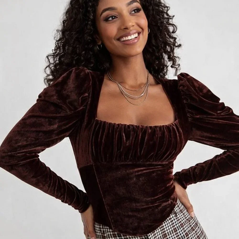 Free People Chocolate Brown Velvet Puff Sleeve Square Neck Corset Top Sz Medium